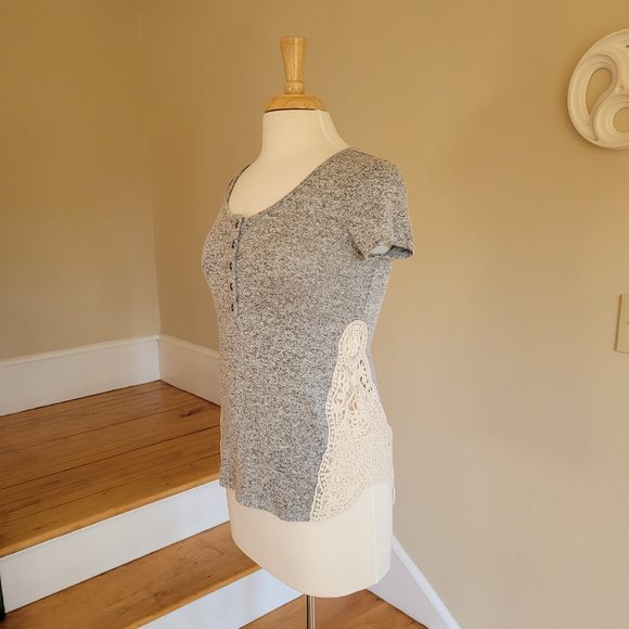 paper + tee Grey Crochet Detailed Short Sleeve Top Size M - Picture 2 of 9
